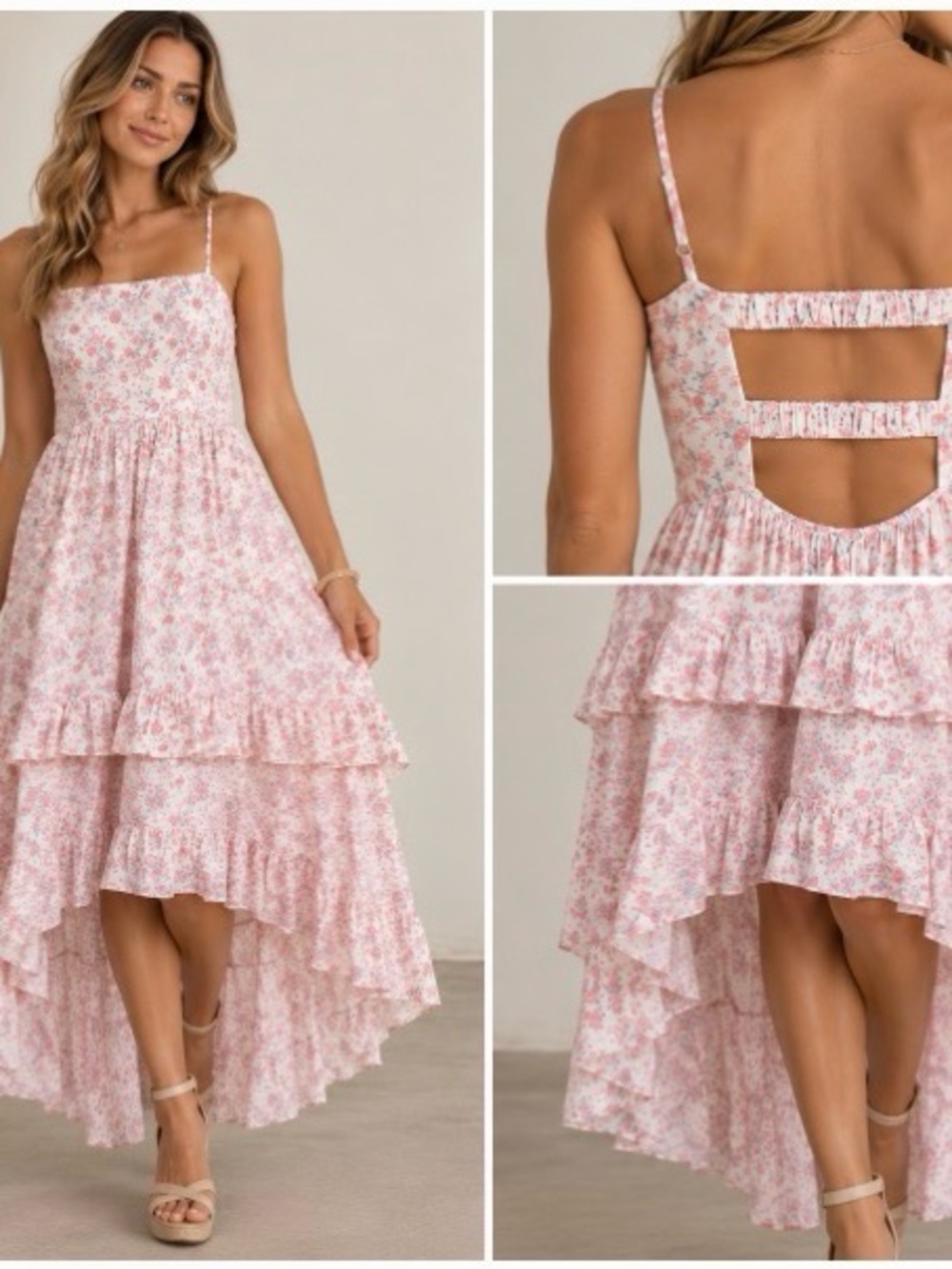 Altar'd State Pink Floral High-Low Tiered Sundress